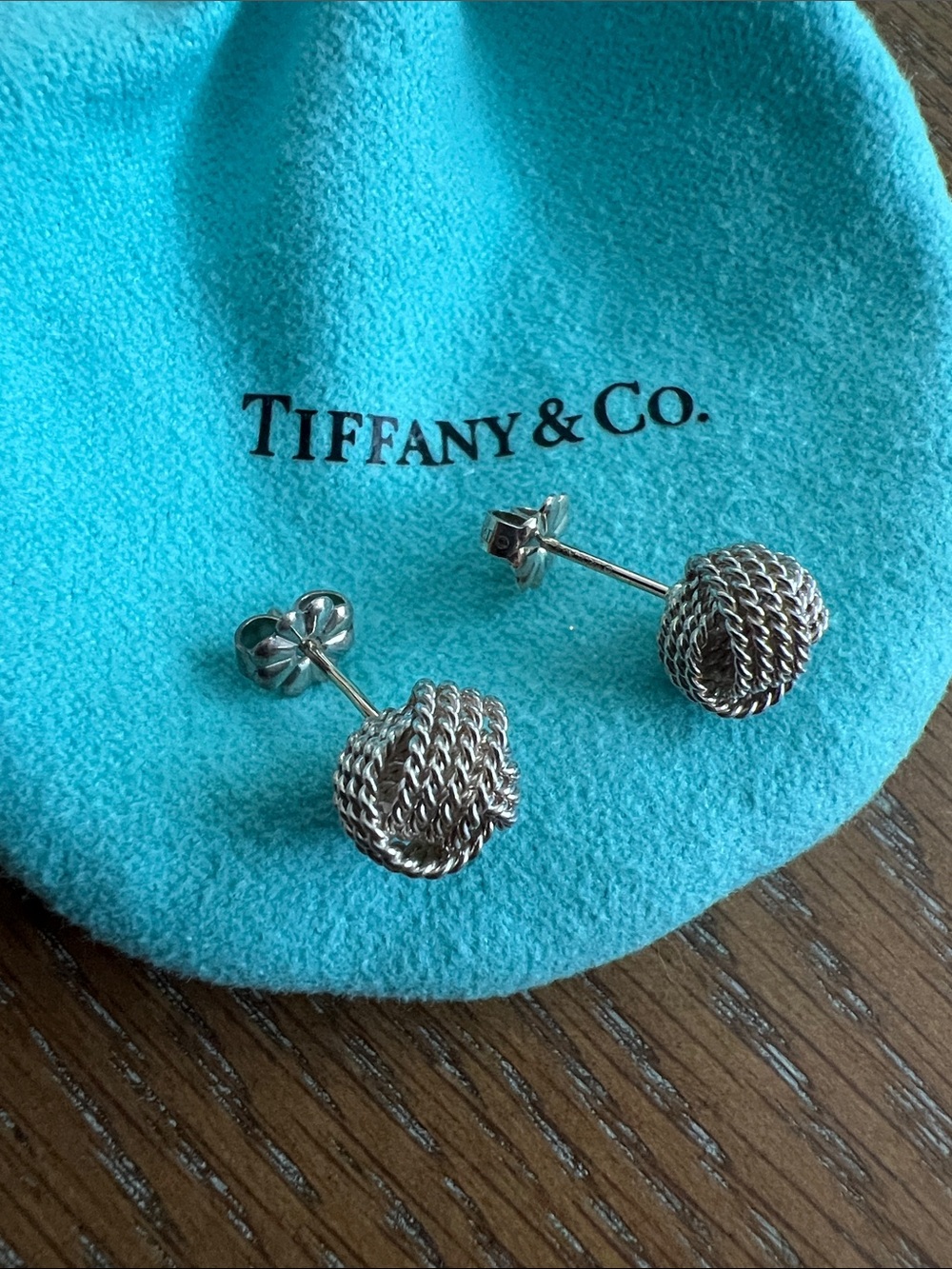 Tiffany & Co. Silver Woven Knot Stud Earrings with Tiffany Pouch